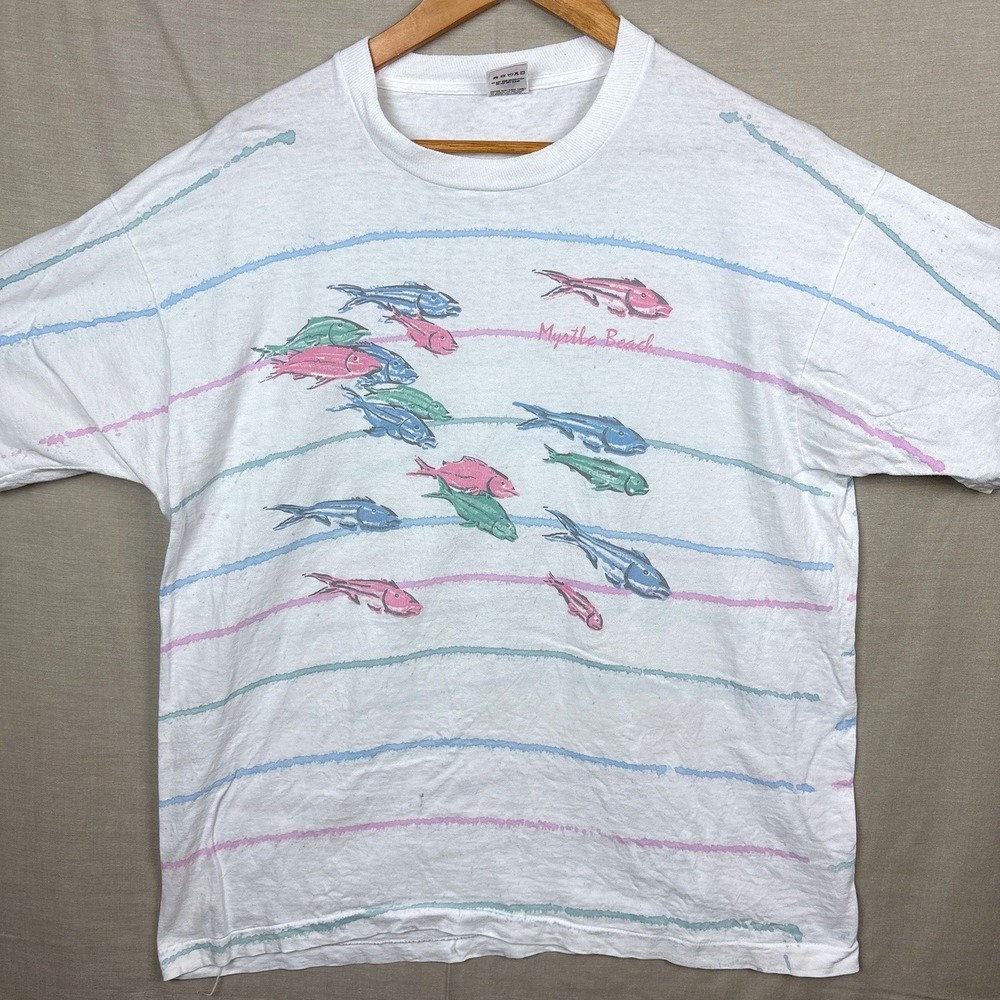 Vintage Watercolor Pastel XL T-Shirt Myrtle Beach Carolina Coast Fish AOP